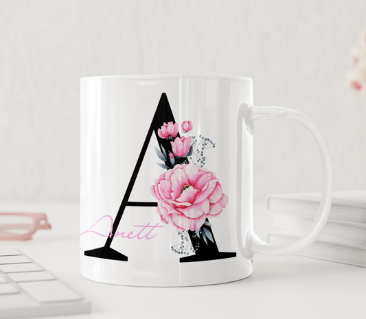 Personlig mugg – Romantisk rosa pion – mugg med namn