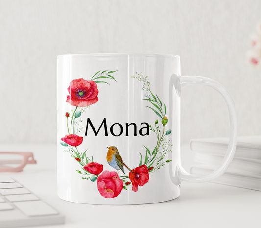 Personlig mugg – Vallmo och liten fågel – mugg med namn