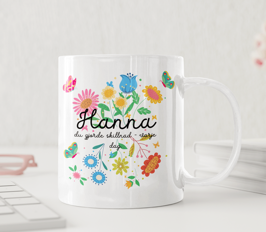 Personlig mugg – Färgglada blommor och fjärilar – mugg med namn