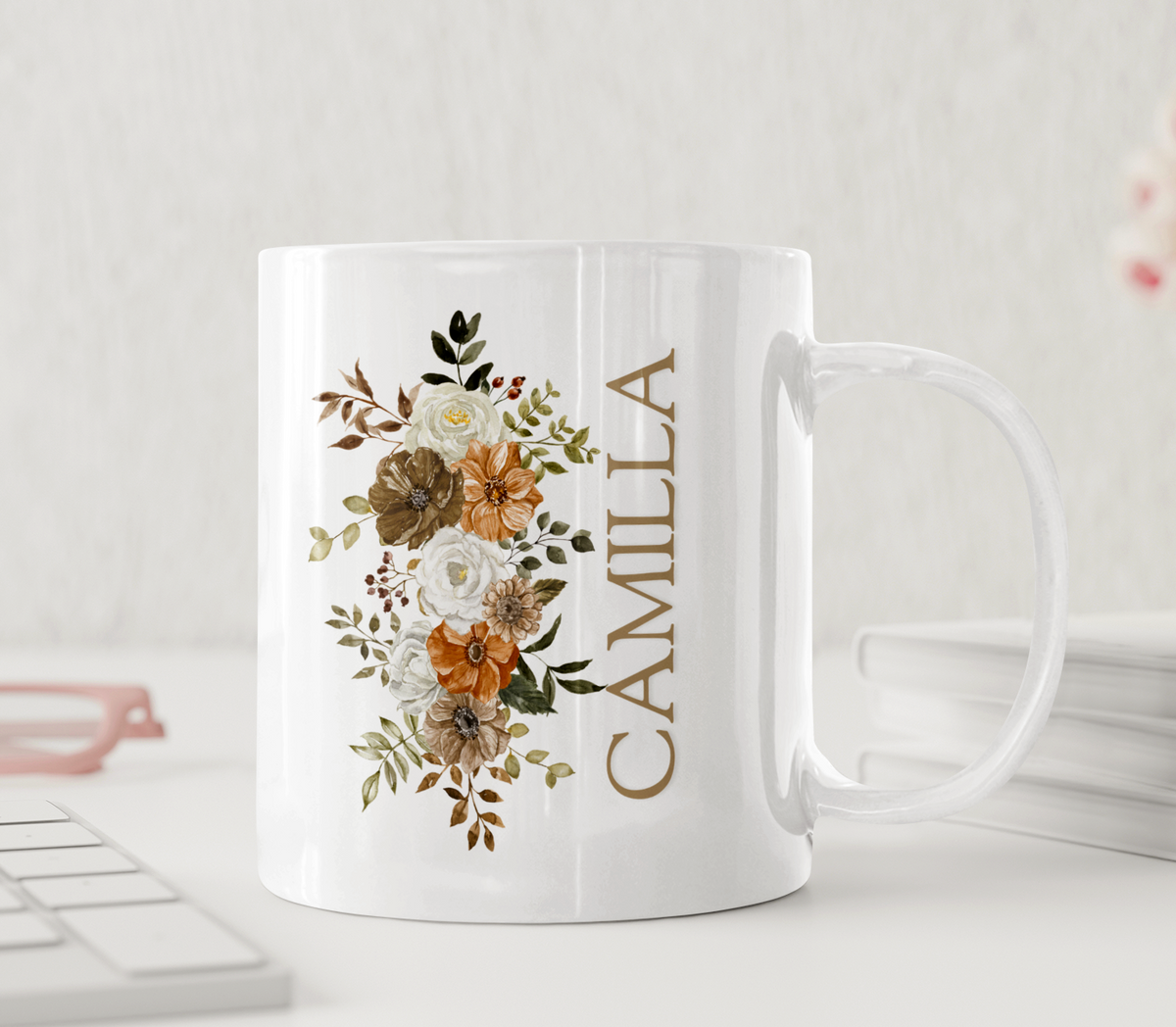 Personalisierte Tasse – Herbstblumen im Boho-Stil – Tasse mit Namen