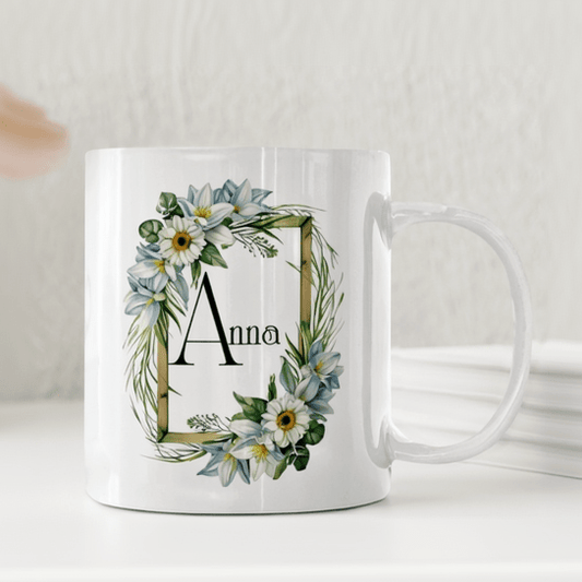 Personlig namnmugg med blomsterram – mugg med namn