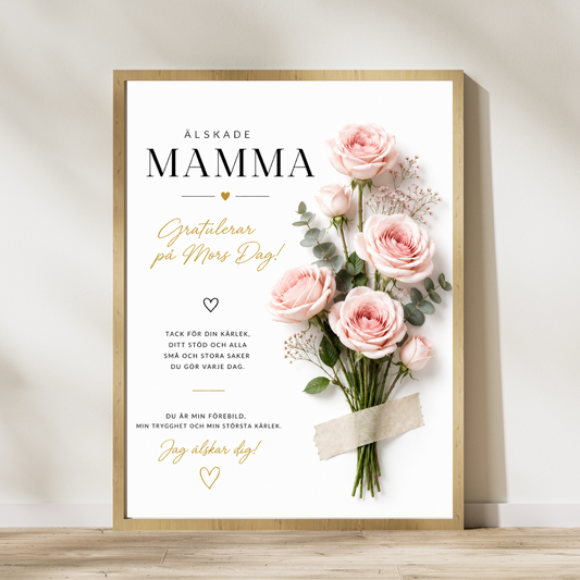 Personlig Mors dag-affisch – Rosa rosor – tavla med namn till mamma