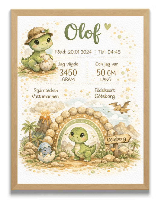 Personlig födelsetavla – Söt dino – doptavla för barn