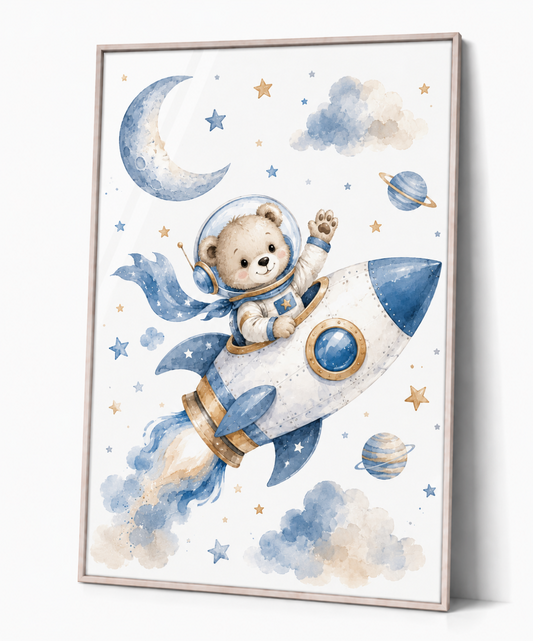 Weltraumrakete Kinderposter – Aquarellbild für das Kinderzimmer