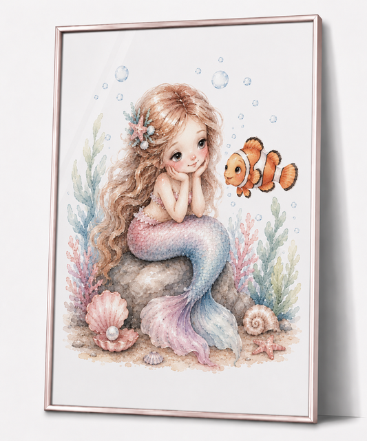 Meerjungfrau mit Clownfisch Kinderposter – Aquarellbild für das Mädchenzimmer