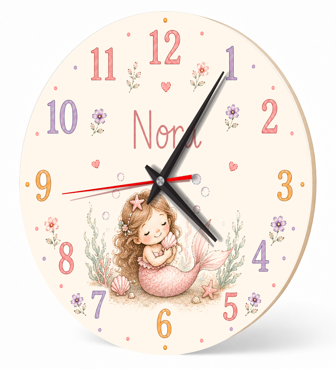 Meerjungfrau-Wanduhr für das Kinderzimmer – Pastell – lautlos