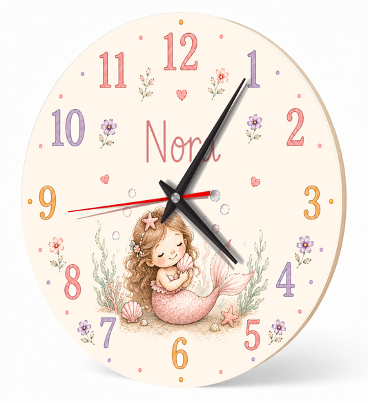 Meerjungfrau-Wanduhr für das Kinderzimmer – Pastell – lautlos