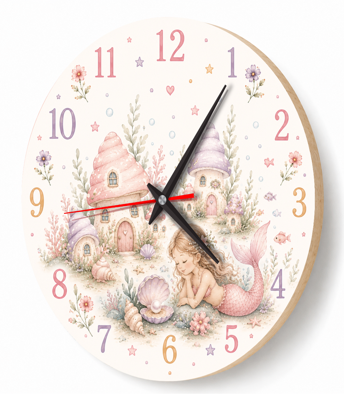 Meerjungfrau-Wanduhr für das Kinderzimmer – Pastell – lautlos