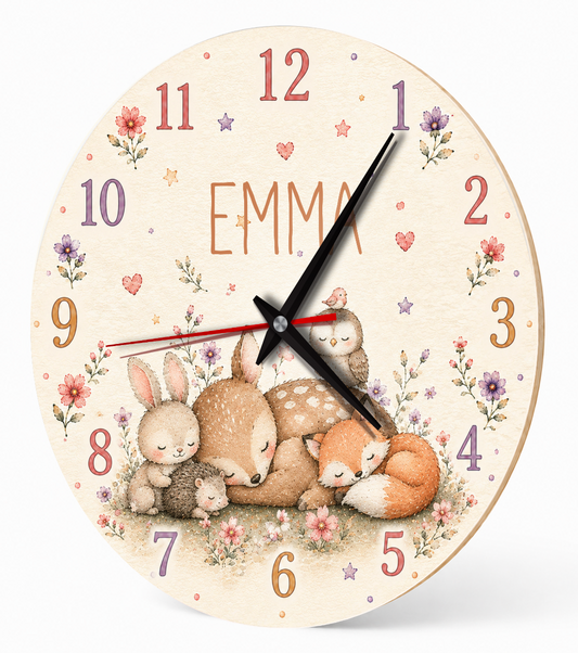 Waldtiere-Wanduhr für das Kinderzimmer – Pastell – lautlos