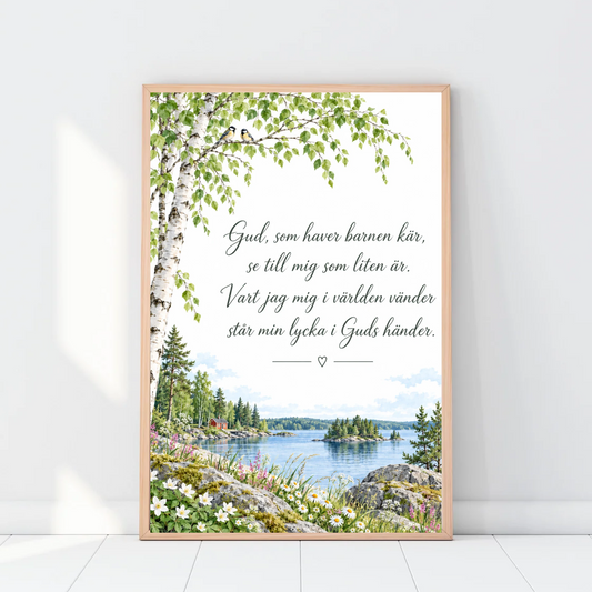 Doptavla med Gud som haver barnen kär och svensk sommarnatur i ljus ram mot vit vägg