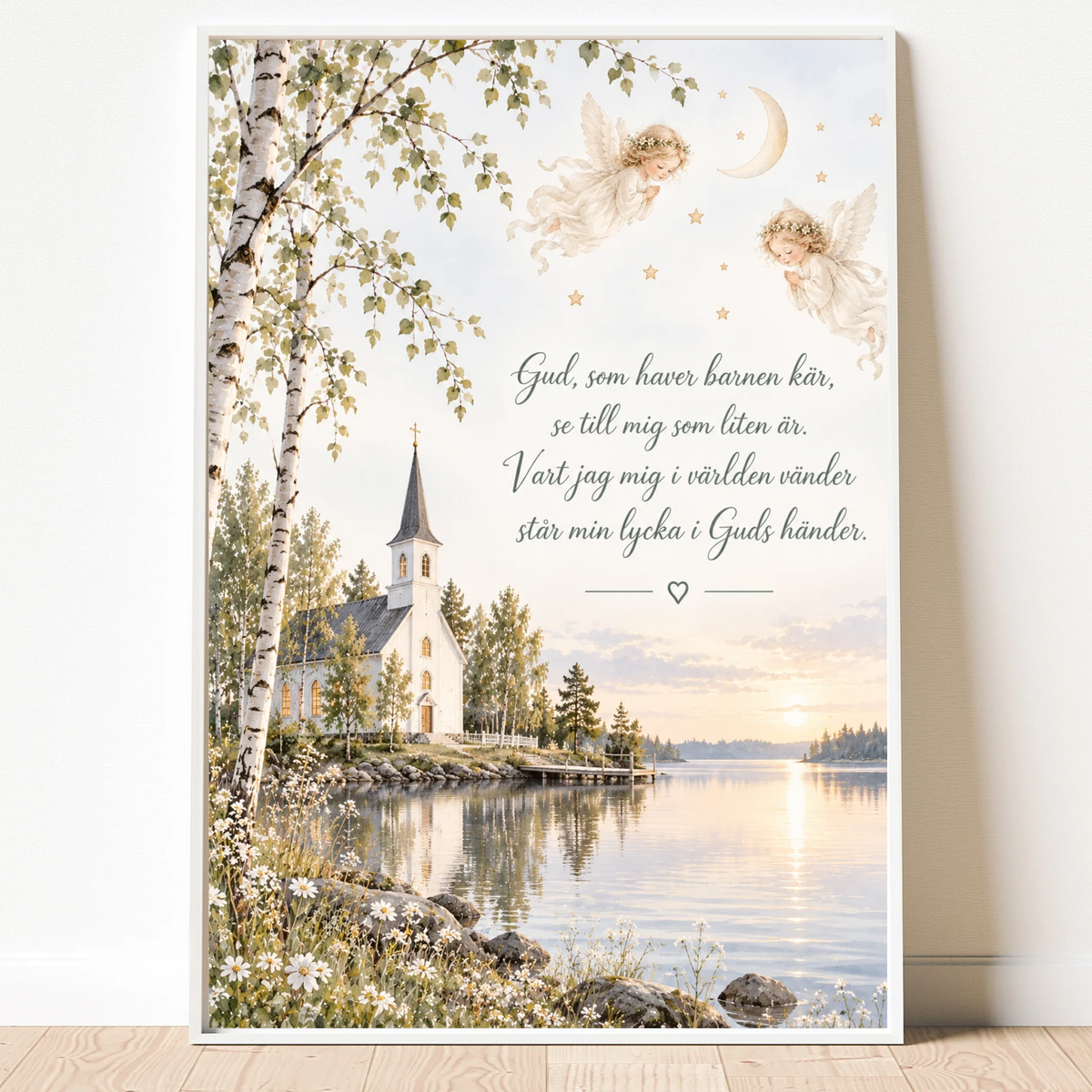 Gud som haver barnen kär tavla med vit kyrka vid sjön, björkar och två änglar i vit ram