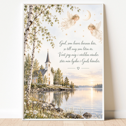 Gud som haver barnen kär tavla med vit kyrka vid sjön, björkar och två änglar i vit ram