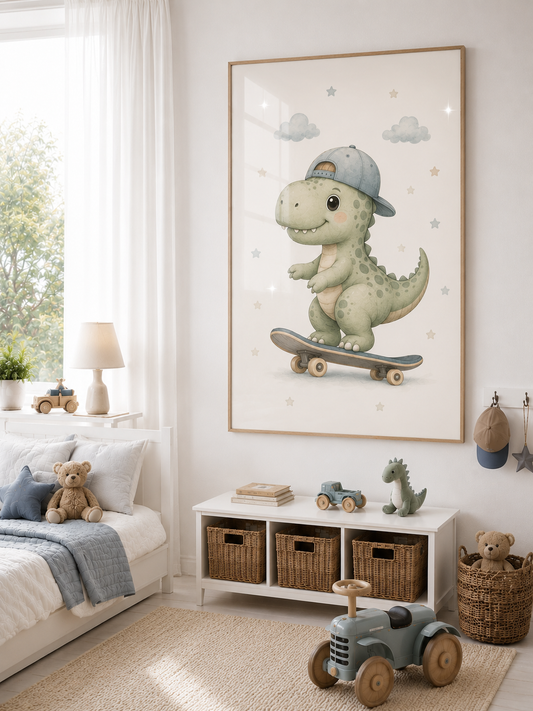 Dinosaurier Kinderposter – Aquarellbild mit T-Rex fürs Jungenzimmer