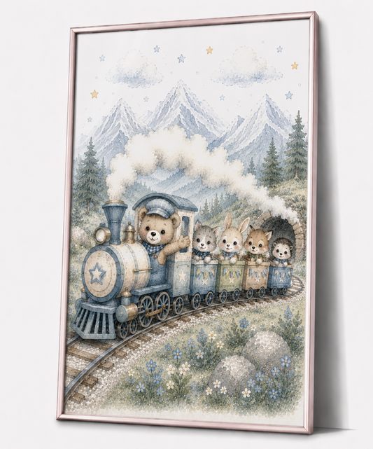 Zugreise mit Freunden Kinderposter – Aquarellbild für das Jungenzimmer