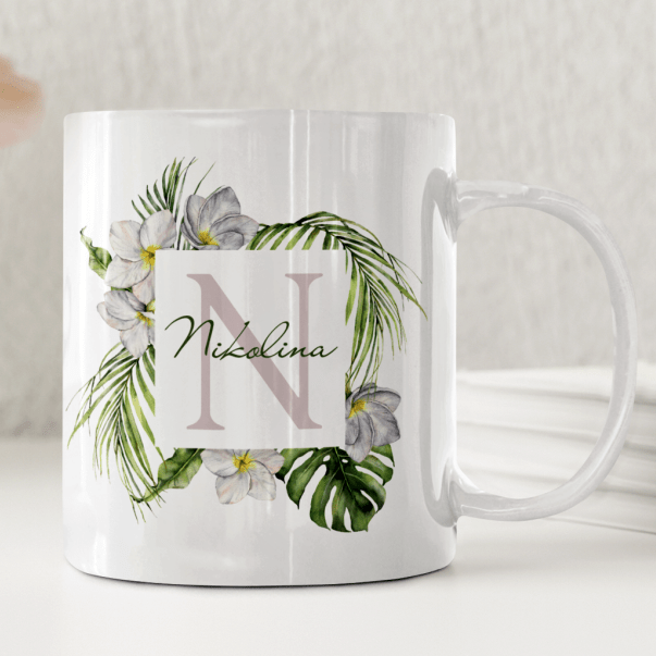 Personalisierte Tasse – Tropische Blumen – Tasse mit Namen