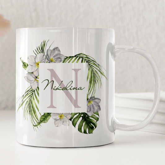 Personlig mugg – Tropiska blommor – mugg med namn