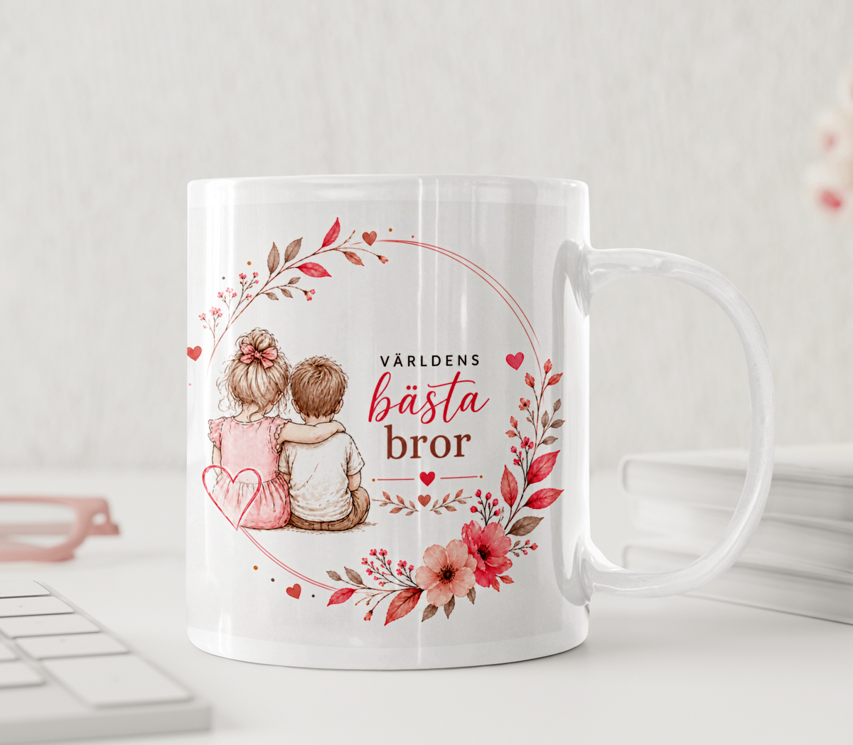 Personalisierte Tasse – Bester Bruder der Welt – Line Art, rosa Blumen