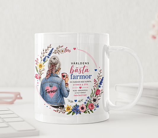 Personlig mugg – Världens bästa farmor – denim och leopard
