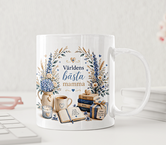 Personlig mugg – Världens bästa mamma – blå blommor, lavendel