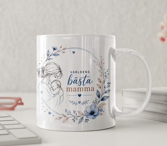 Personlig mugg – Världens bästa mamma – line art, blå blommor