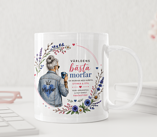 Personlig mugg – Världens bästa morfar – denim och vårblommor