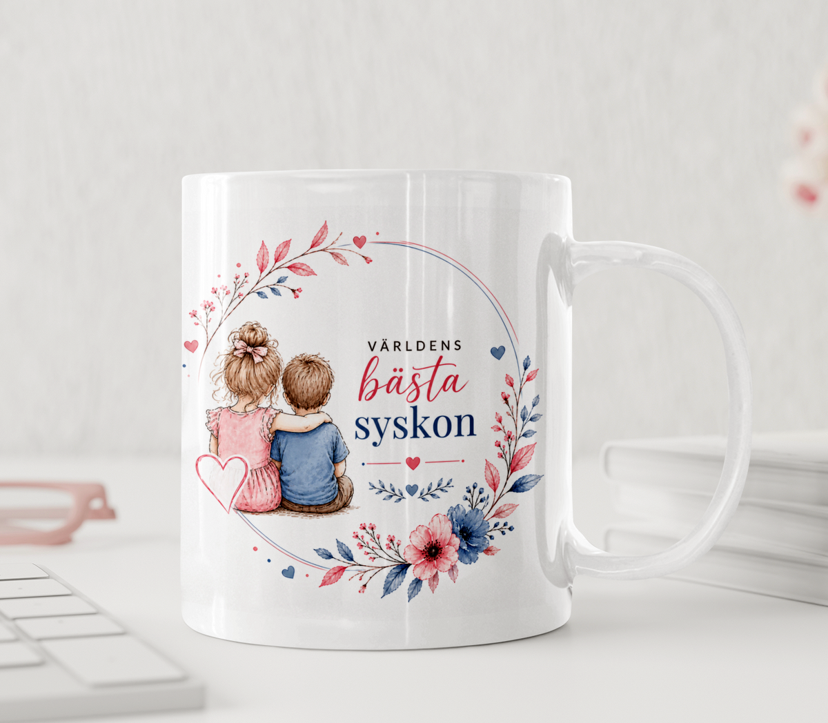Personalisierte Tasse – Beste Geschwister der Welt – rosa und blaue Blumen