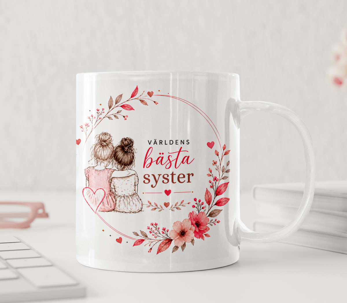 Personalisierte Tasse – Beste Schwester der Welt – Line Art, rosa Blumen