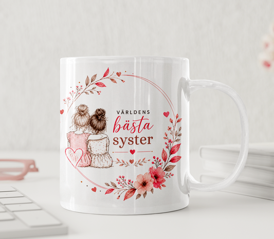 Personlig mugg – Världens bästa syster – line art, rosa blommor