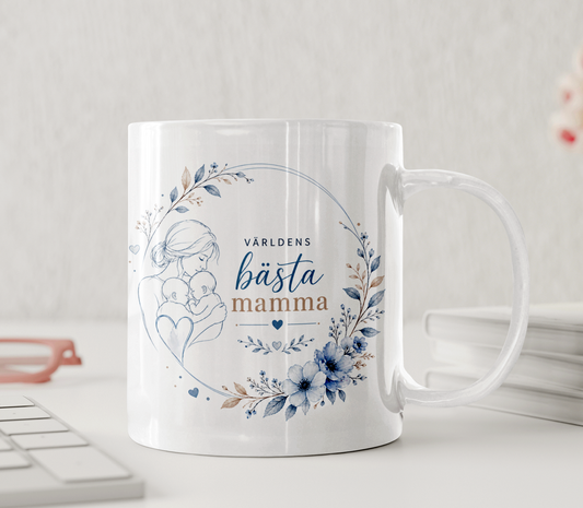 Personlig mugg – Världens bästa tvillingmamma – blå blommor