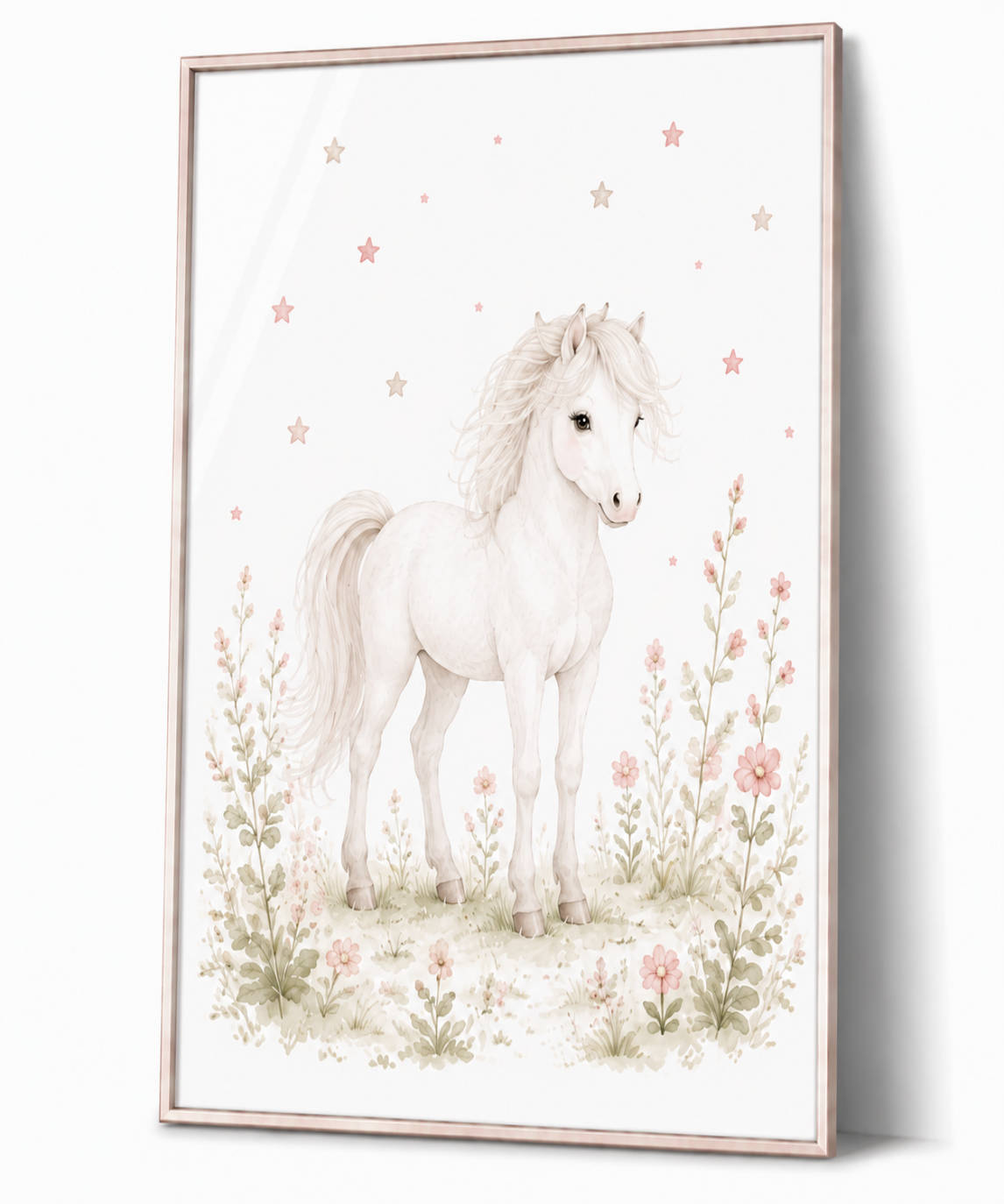 Weißes Pferd Kinderposter – Aquarellbild für das Mädchenzimmer